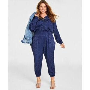 On 34th Plus Size Leopard Print Navy Blue Jacquard Jumpsuit NWT